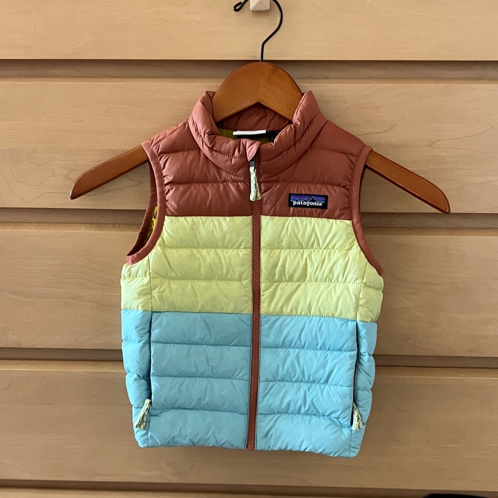 Patagonia Kids Colorblock Puffer Vest in Brown, Yellow & Light Blue